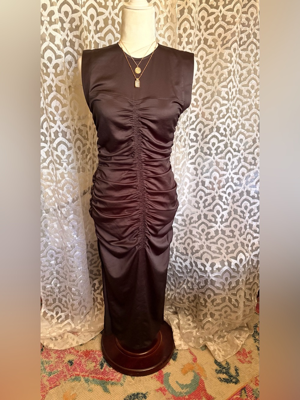 Open Edit Black Satin Ruched Sleeveless Midi/Maxi Dress size S